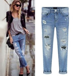 Woman Ripped Hole Straight Boyfriend Jeans Size:L